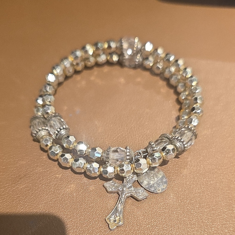 Source Unknown Silver Beaded Cross Charm Bracelet - image 1